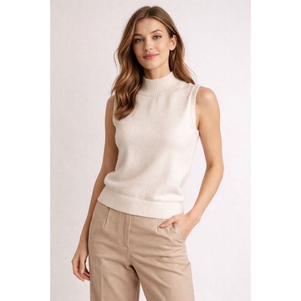 Vintage Mademoiselle Cream Mock Neck Sweater Vest USA Knit